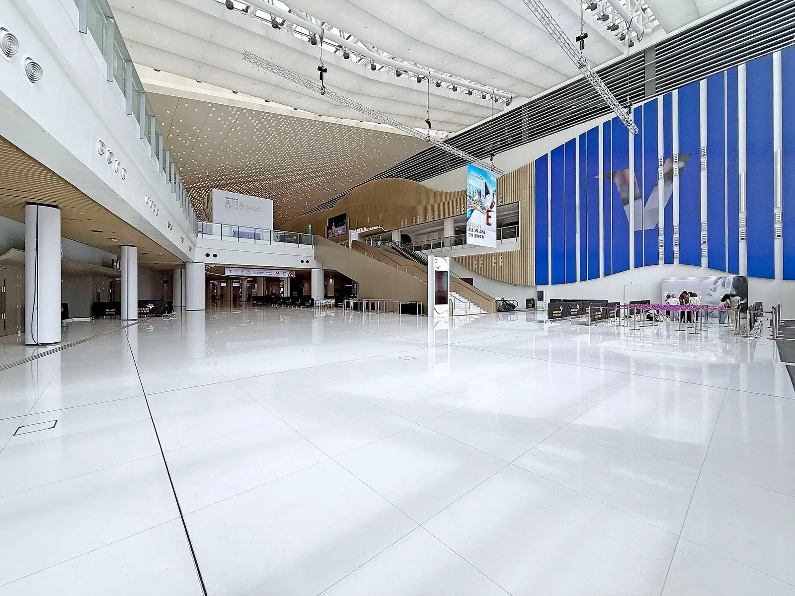The bright main concourse inside AsiaWorld-Expo on Lantau Island