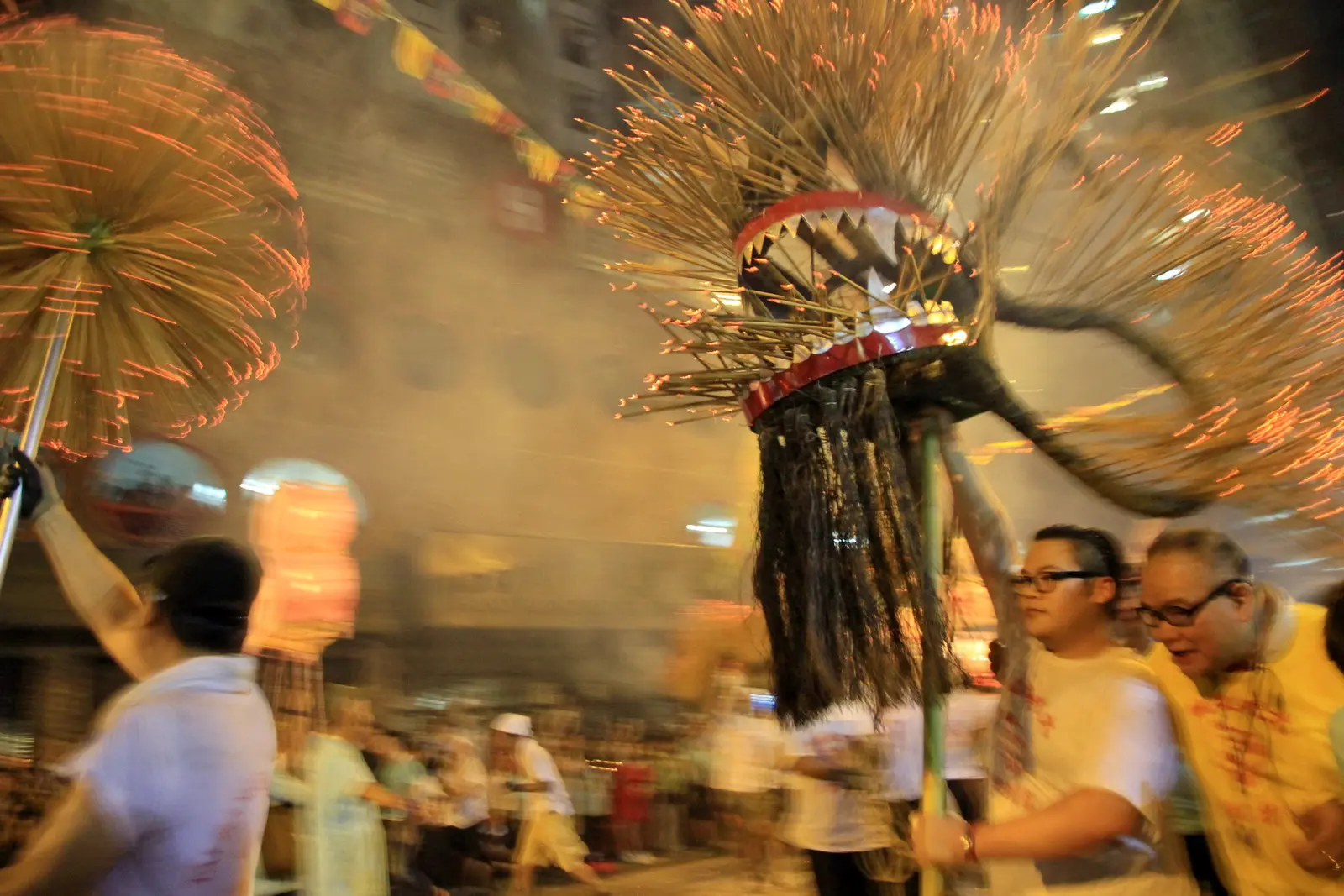 The incense-studded fire dragon carried through the streets of Tai Hang at night
